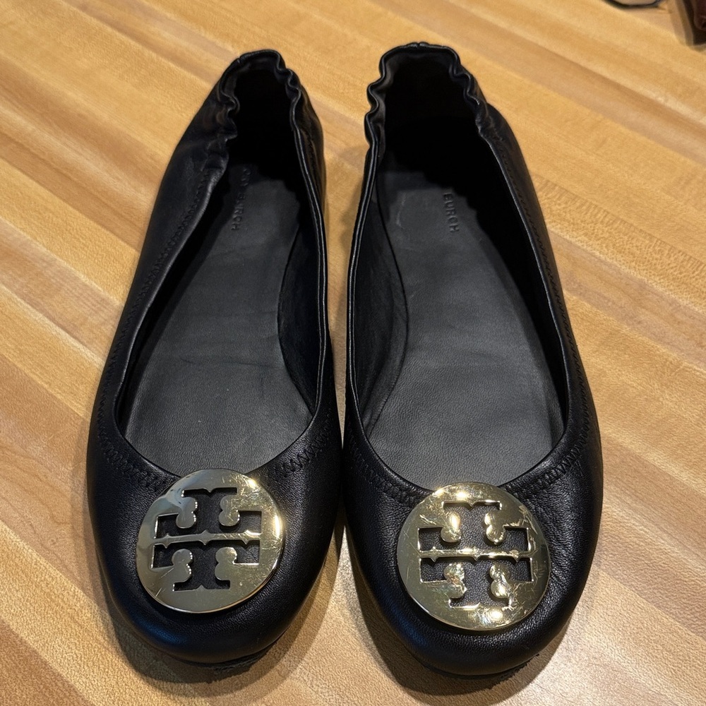 Tory Burch Black Flats with Gold Emblem